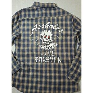 A*sholes Live Forever Flannel Shirt Men XXL Blue Plaid Smoking Skull Embrodiey